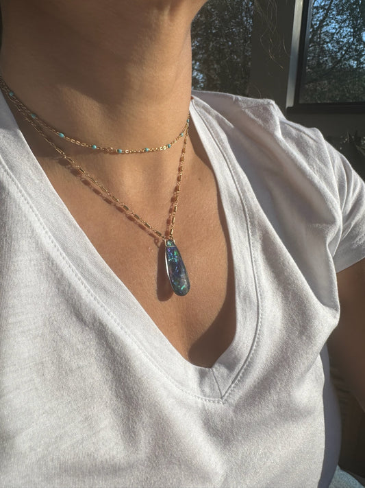 Ammolite Blue and Green Pendant Necklace